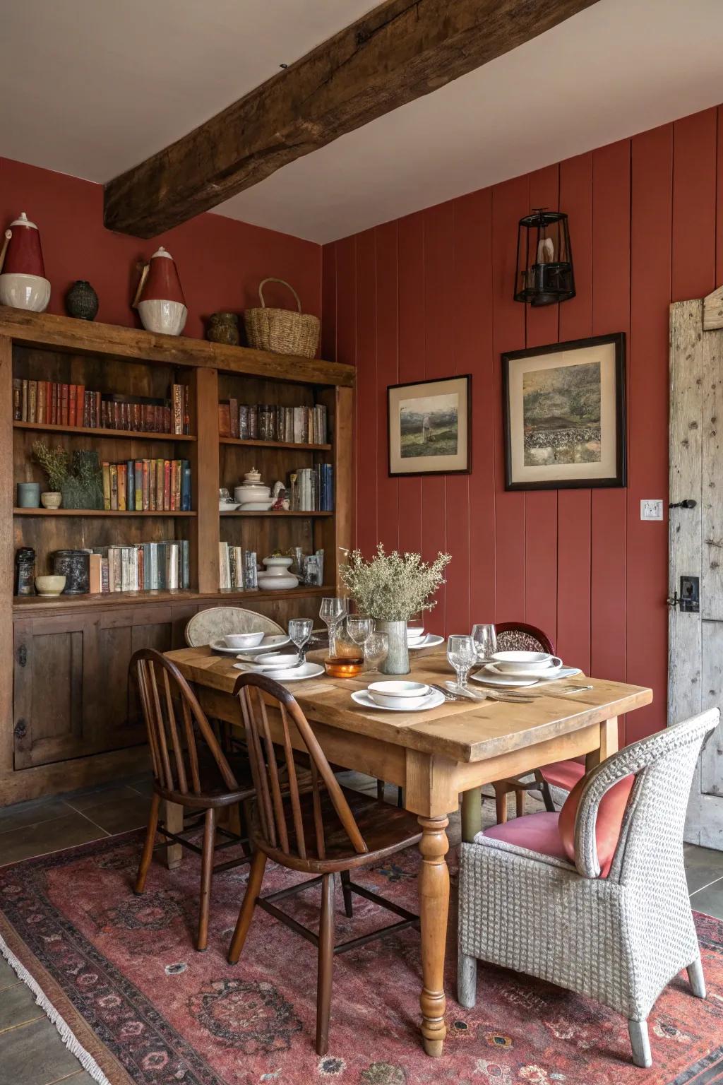 Rustic red walls bring warmth and character to this dining room.