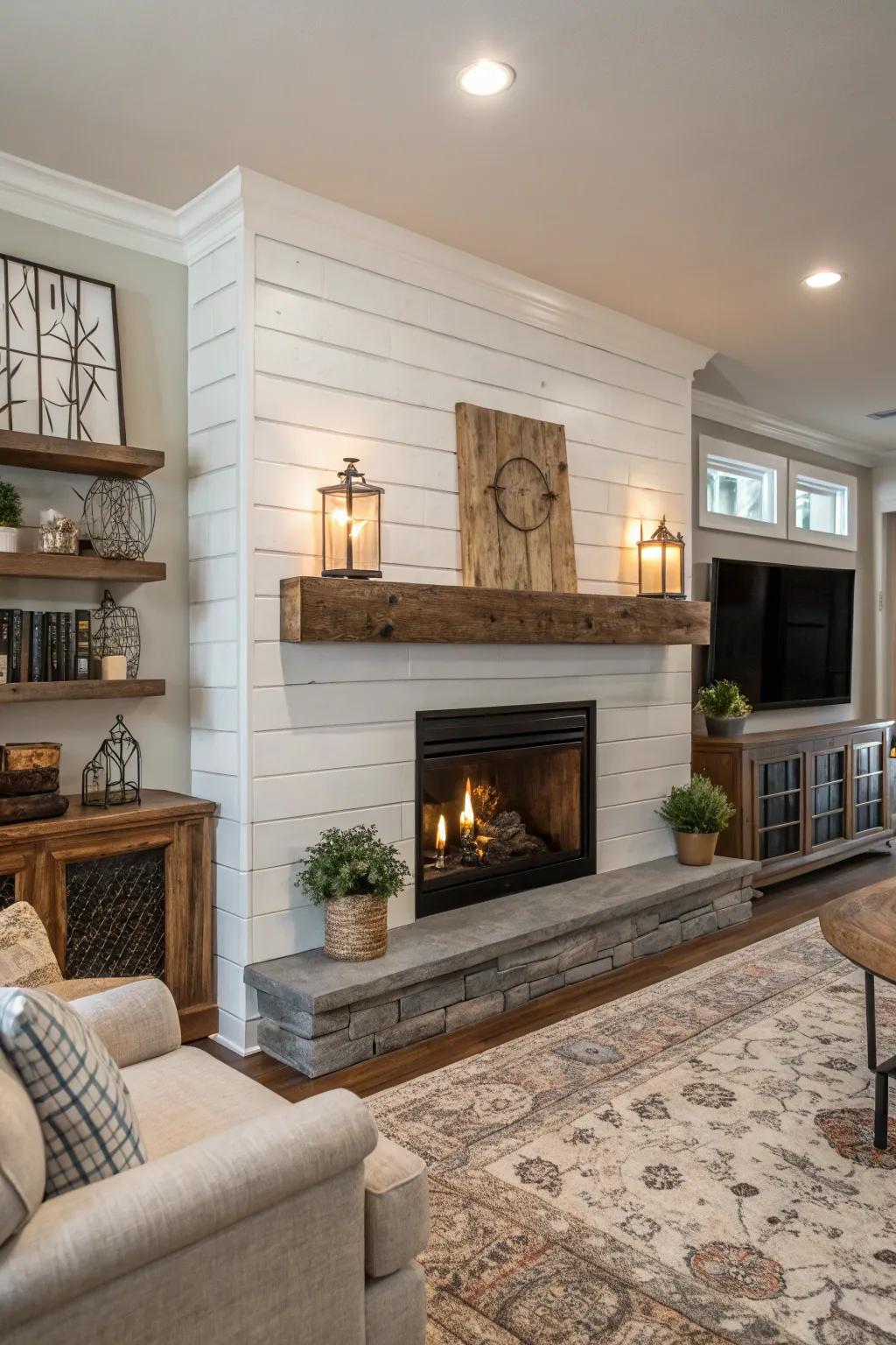 A confluence of rustic and contemporary aspects constructs a fashionable fireplace.