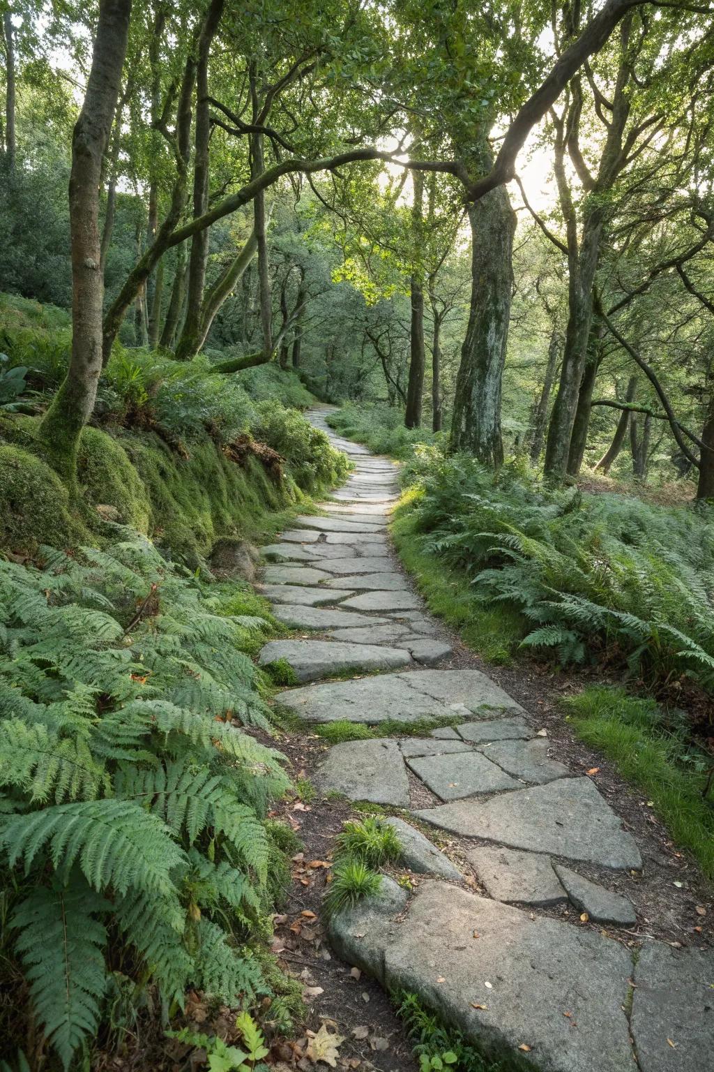 A countryside cobblestone path nestled within a serene woodland setting.