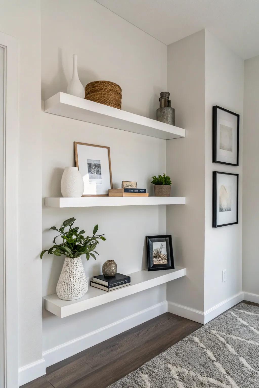 Minimalist floating shelves showcasing a neat and tidy appearance.