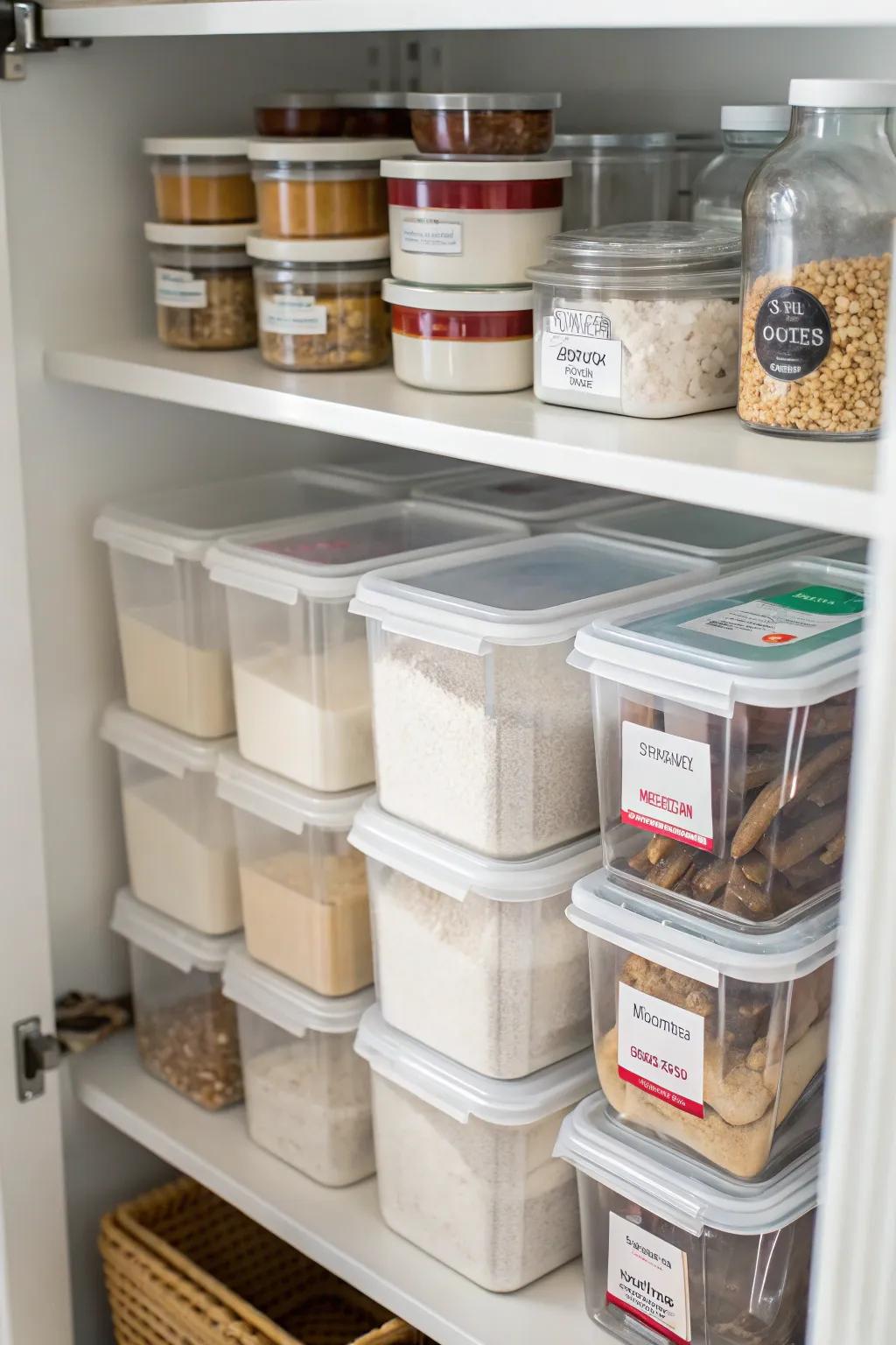 Stackable containers help optimize space while keeping things orderly.