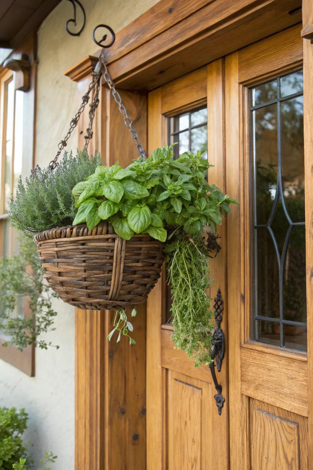 A basket herb garden offers a fragrant and functional welcome.