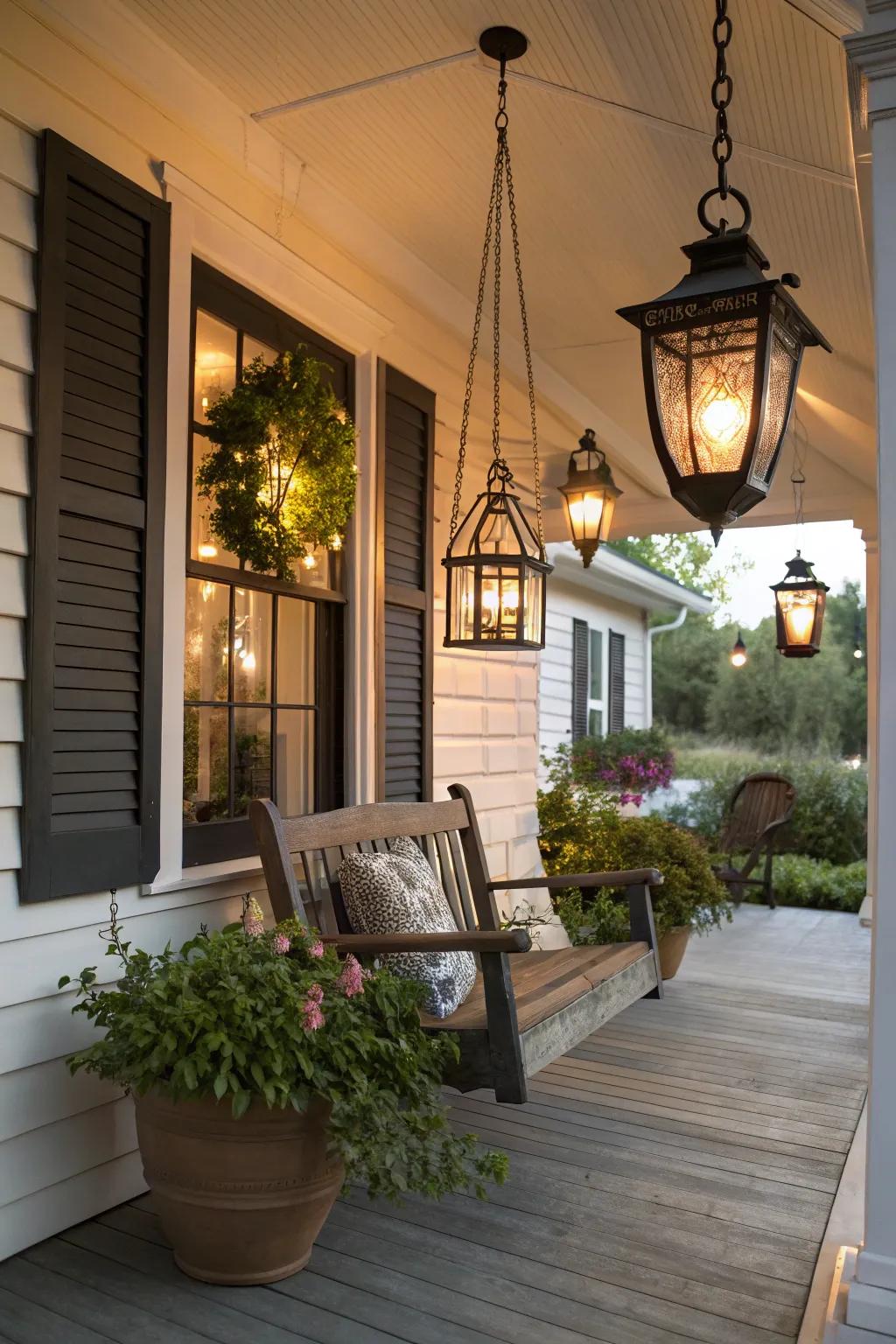 Lanterns create a warm glow on a front porch.