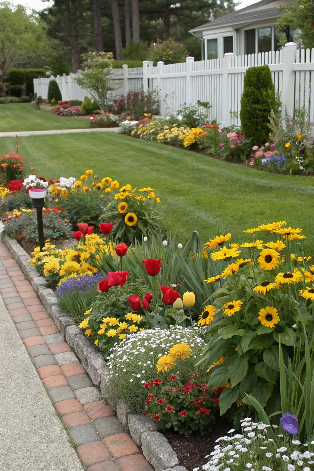 Layered planting adds depth and visual interest to the flower beds.