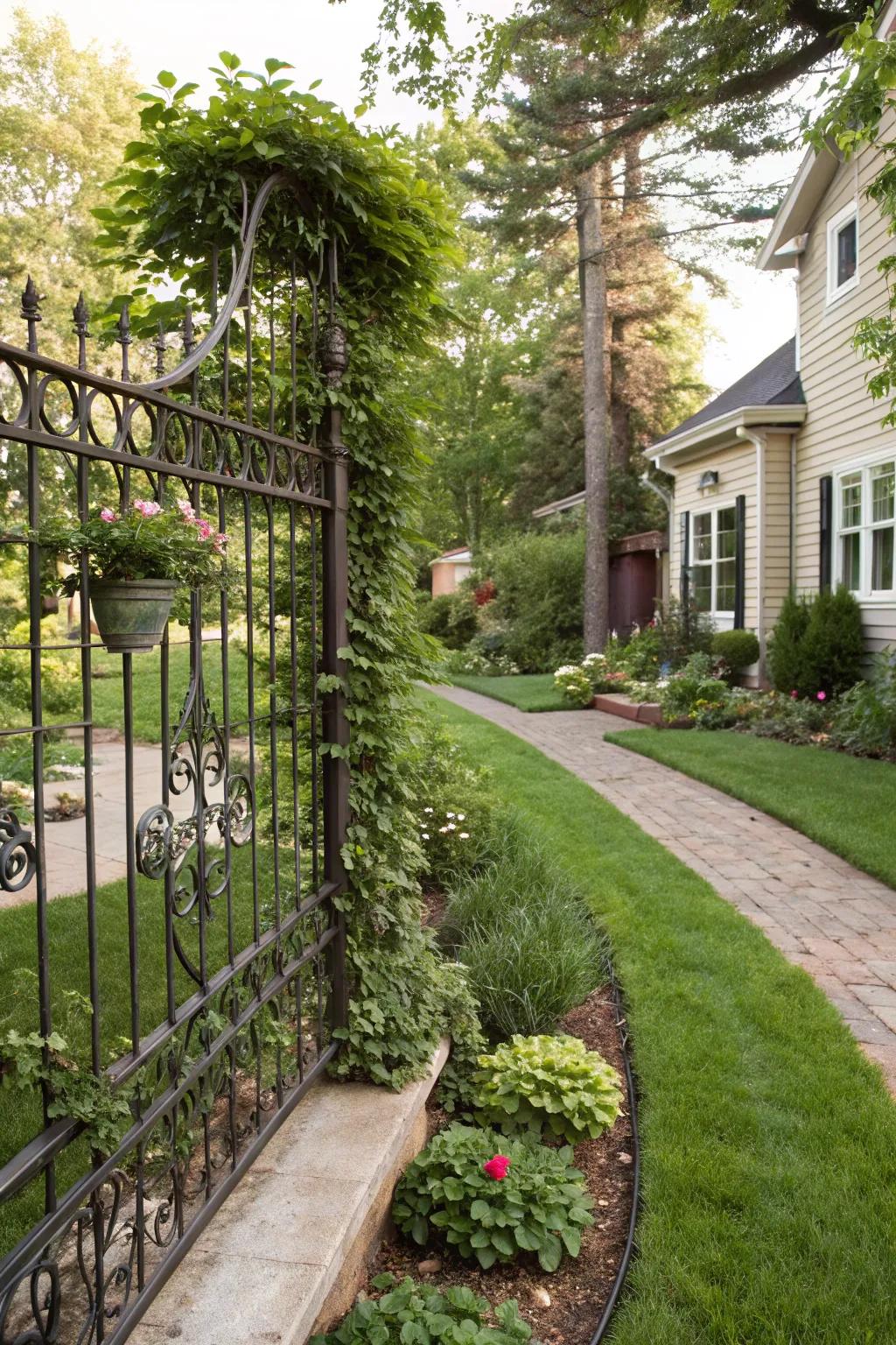 A wrought iron fence adorned with climbing plants, creating a living artwork.