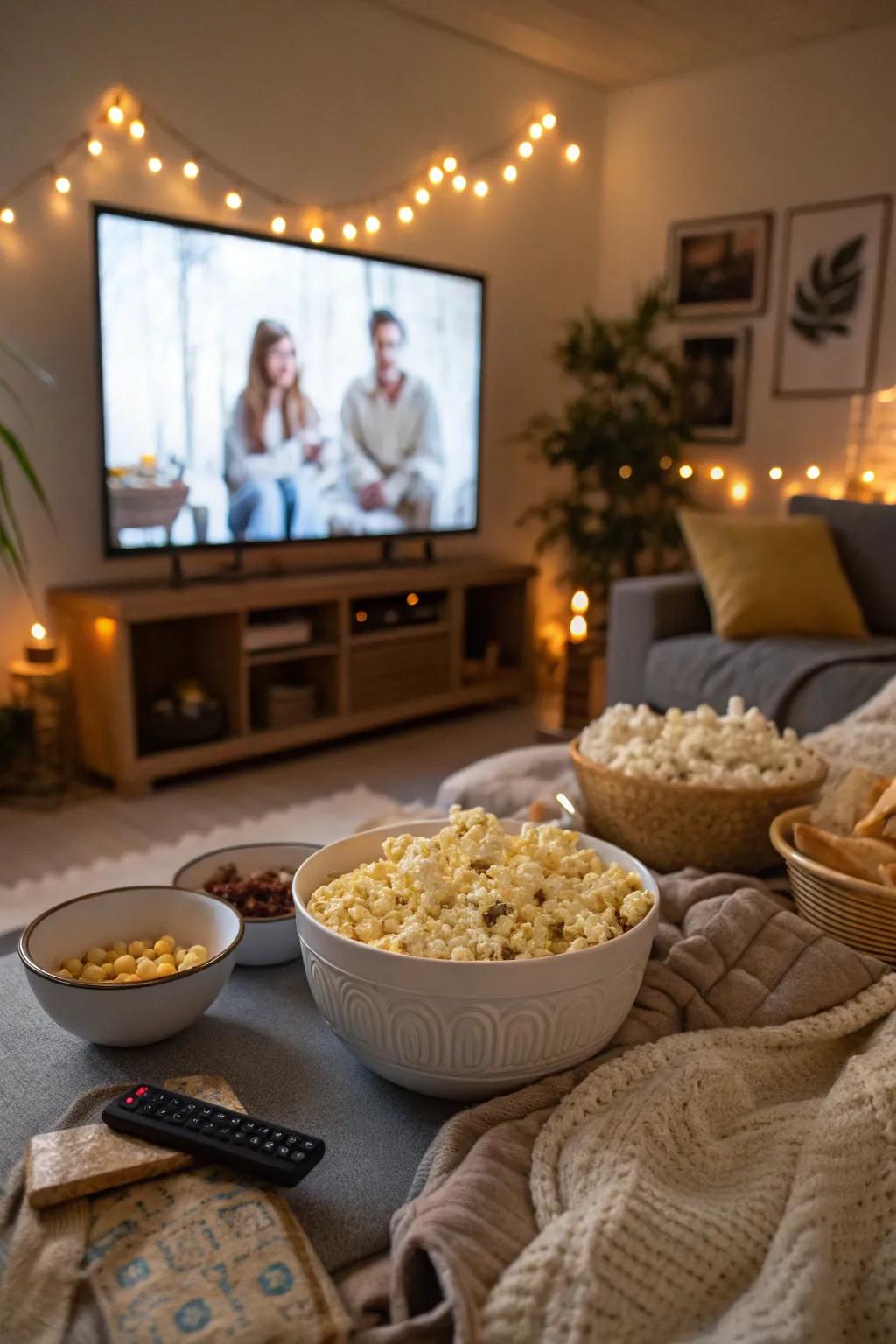 A cozy setup for a Galentine's Day film viewing.