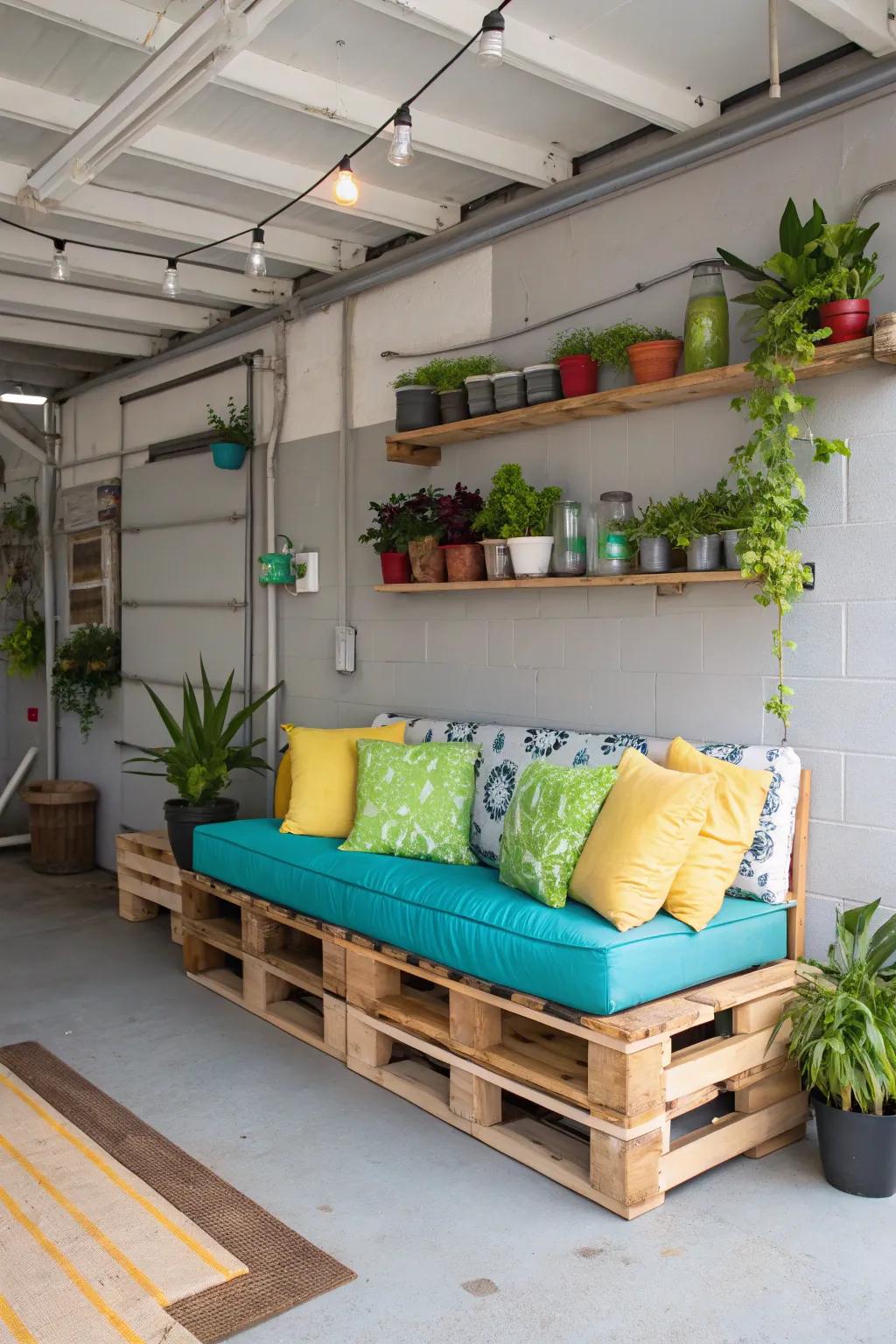 Platform sofas offer an eco-friendly and rustic charm to any garage space.