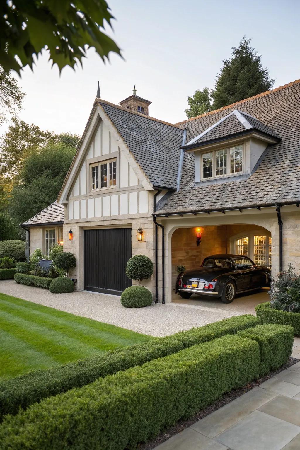 A slanted roof addition contributes undying beauty to a garage.