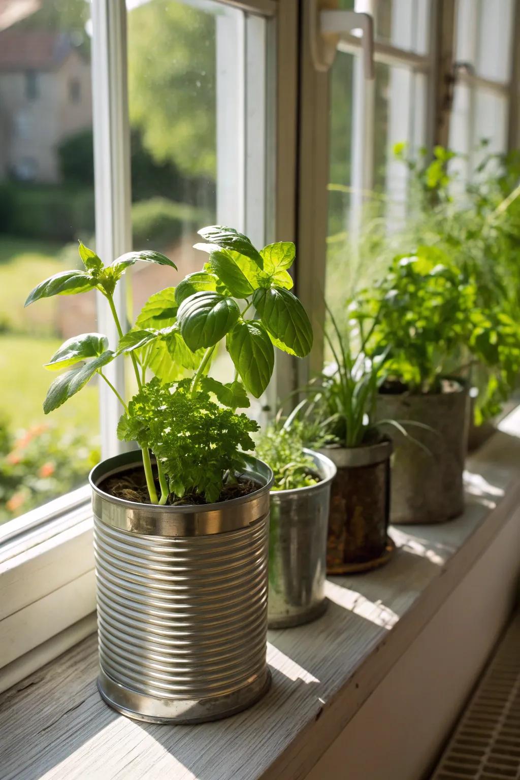 Upcycled vessels serve as charming herb planters.