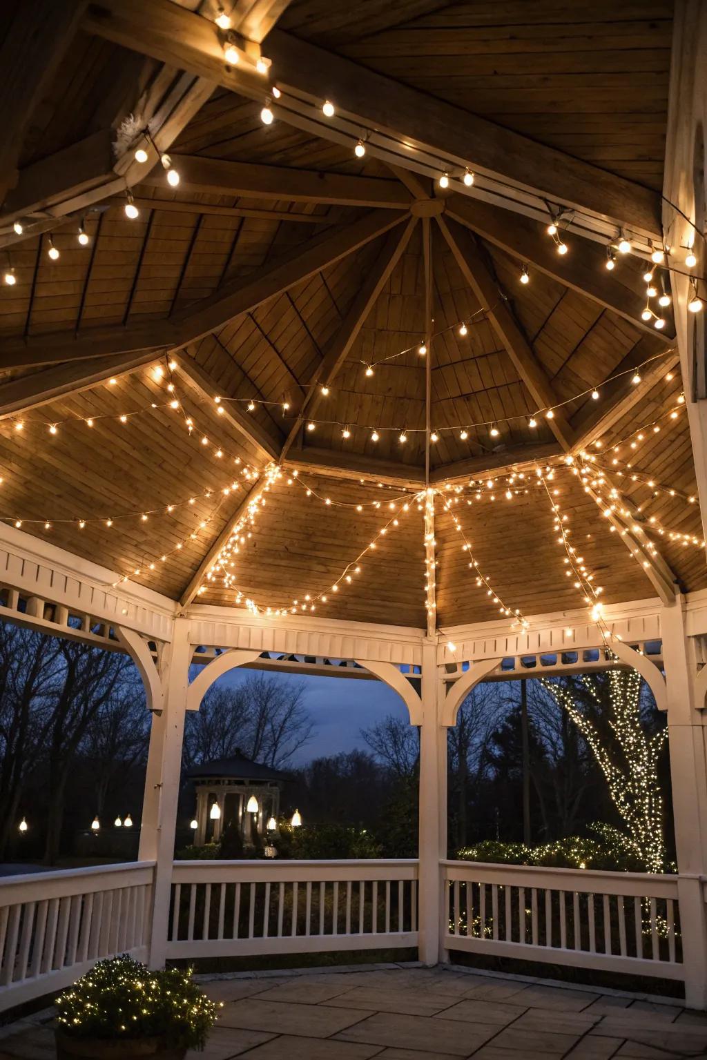 Fairy lights adding a whimsical touch to the gazebo.