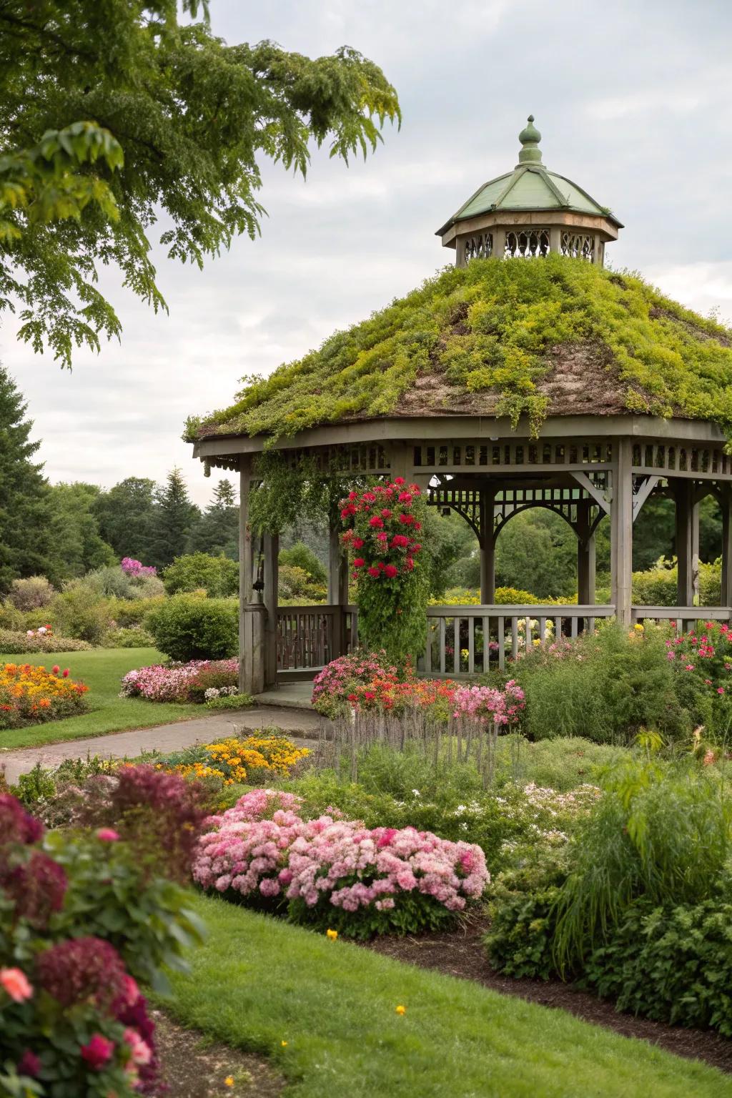 A gazebo with a verdant canopy, seamlessly blending into its garden setting.
