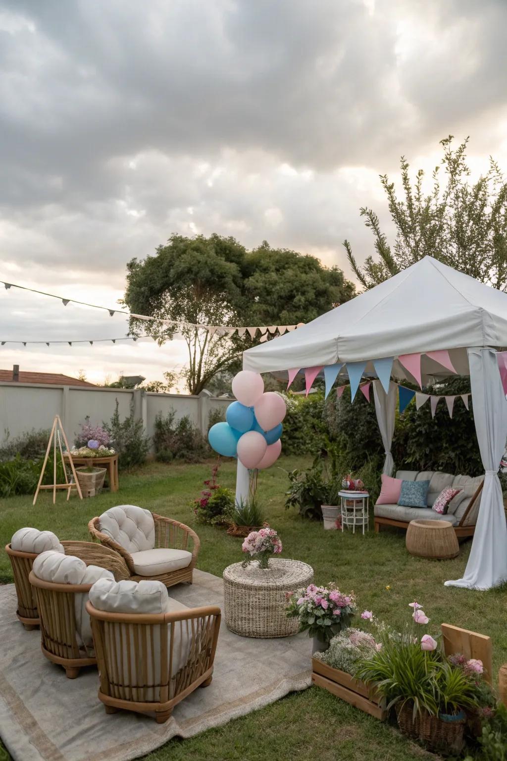 An inviting outdoor setting for a gender reveal celebration.