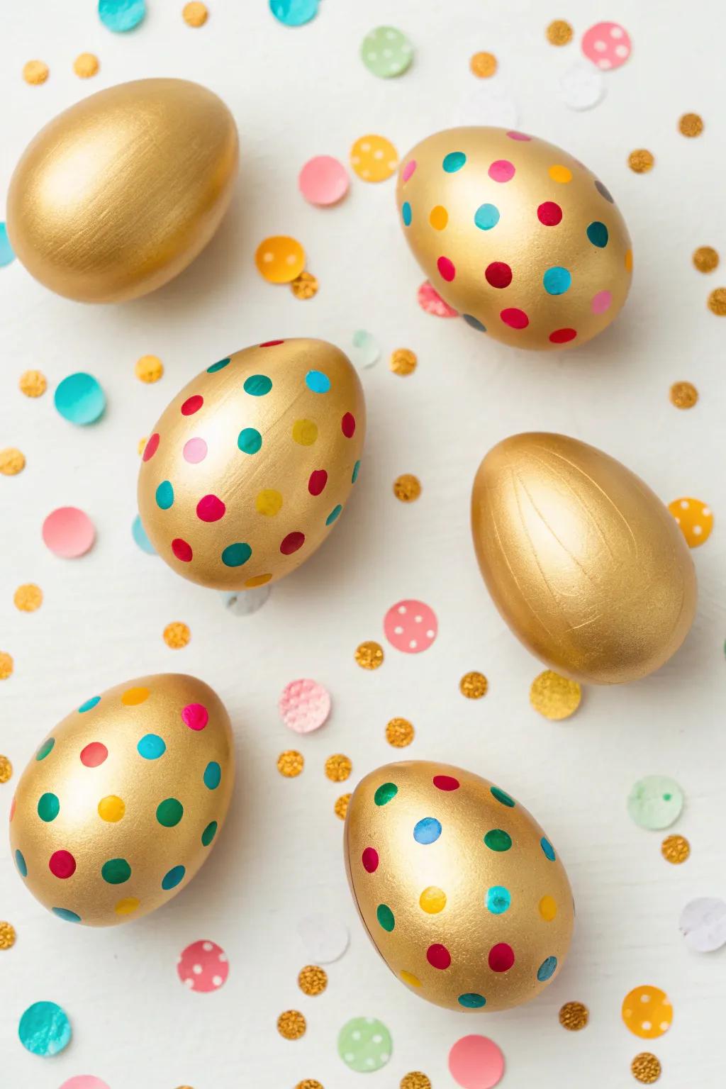 Gilded eggs with a burst of confetti for a playful Easter ambiance.