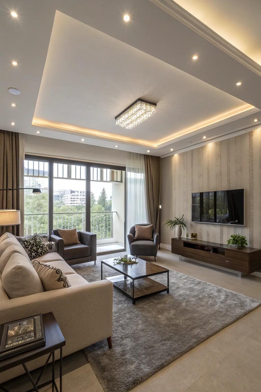 Recessed lighting adds a modern touch while providing ample illumination.