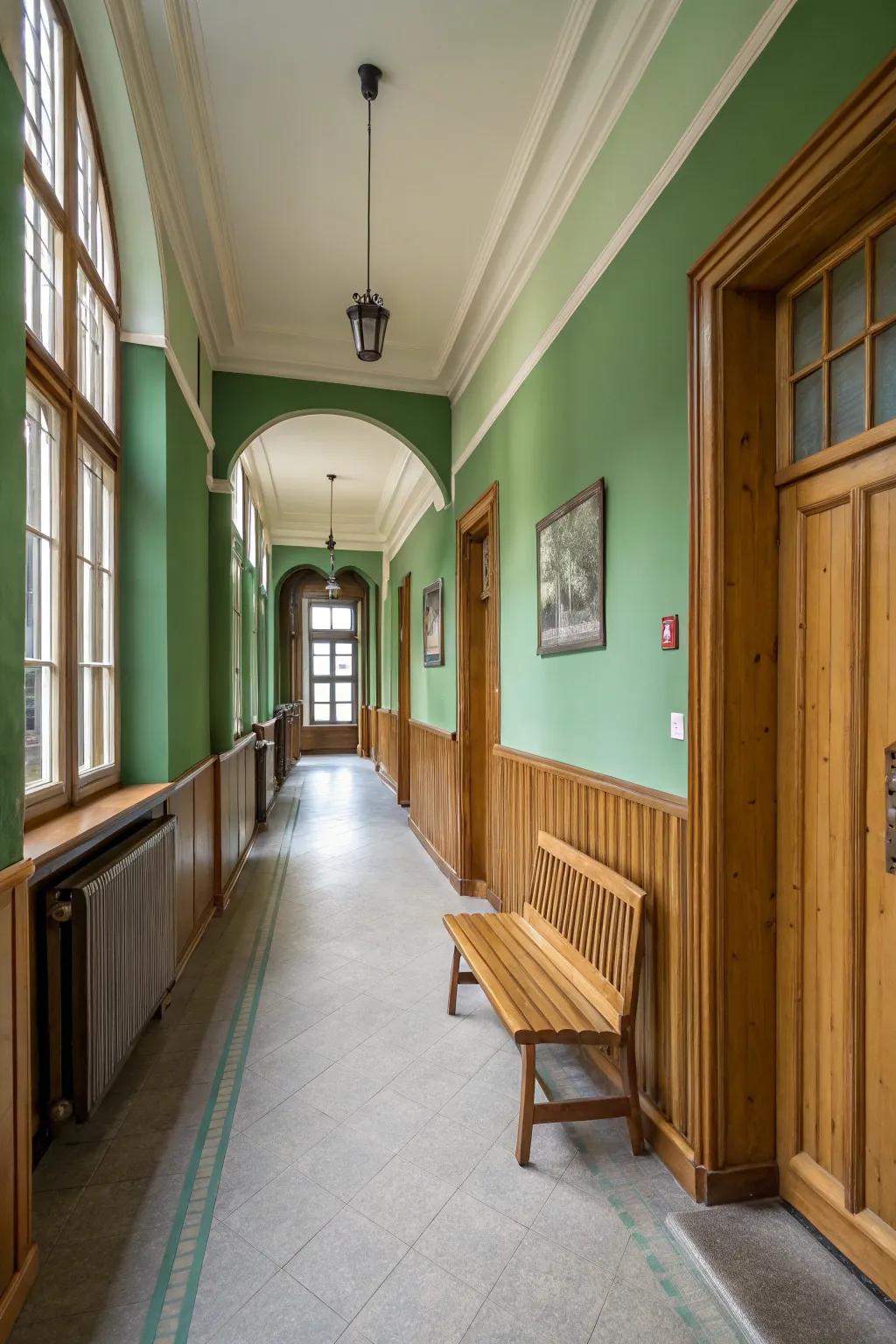 Unprocessed timber features deliver warmth in this green hallway.