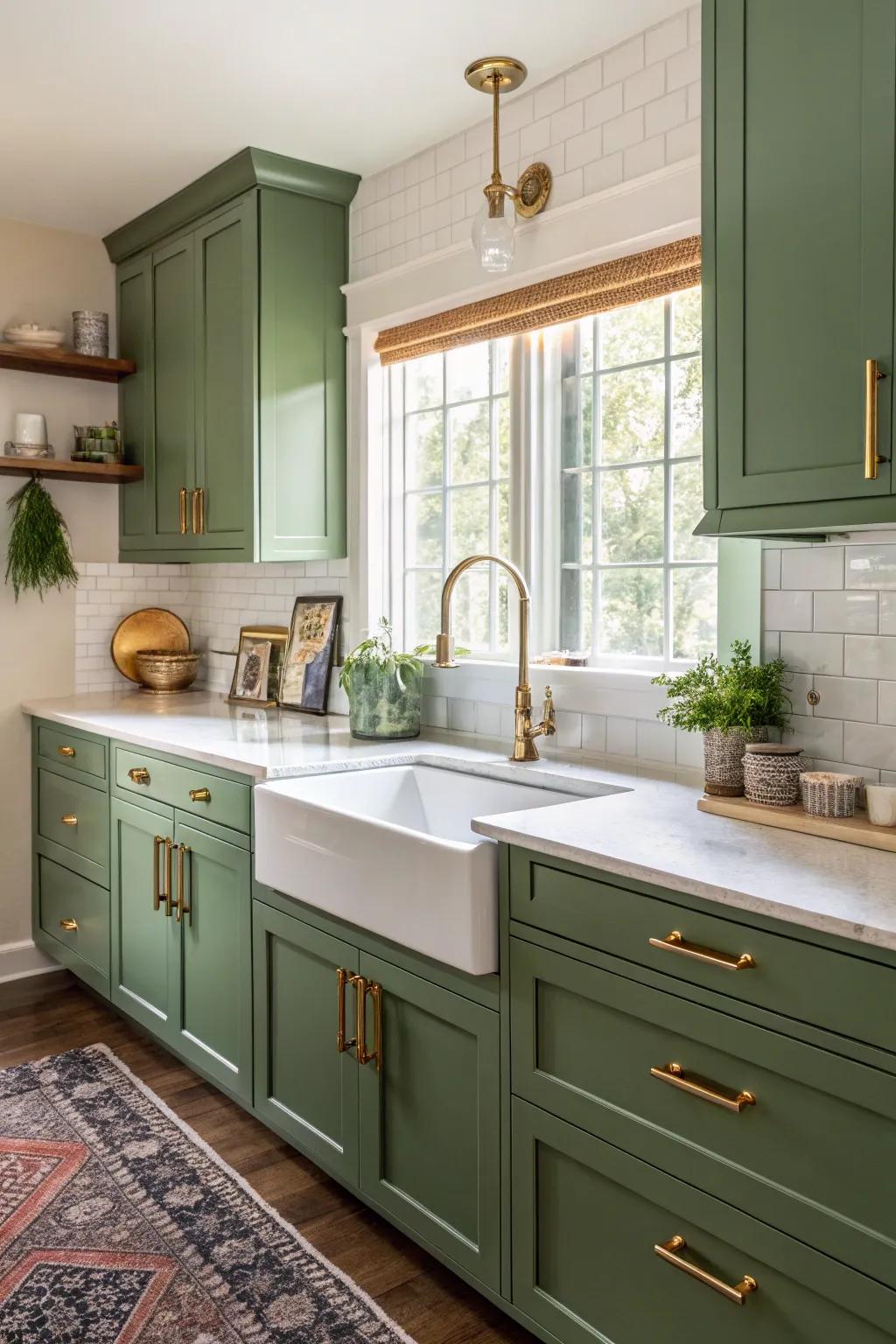 Shiny metal fixtures adding a luxurious radiance to a green kitchen.