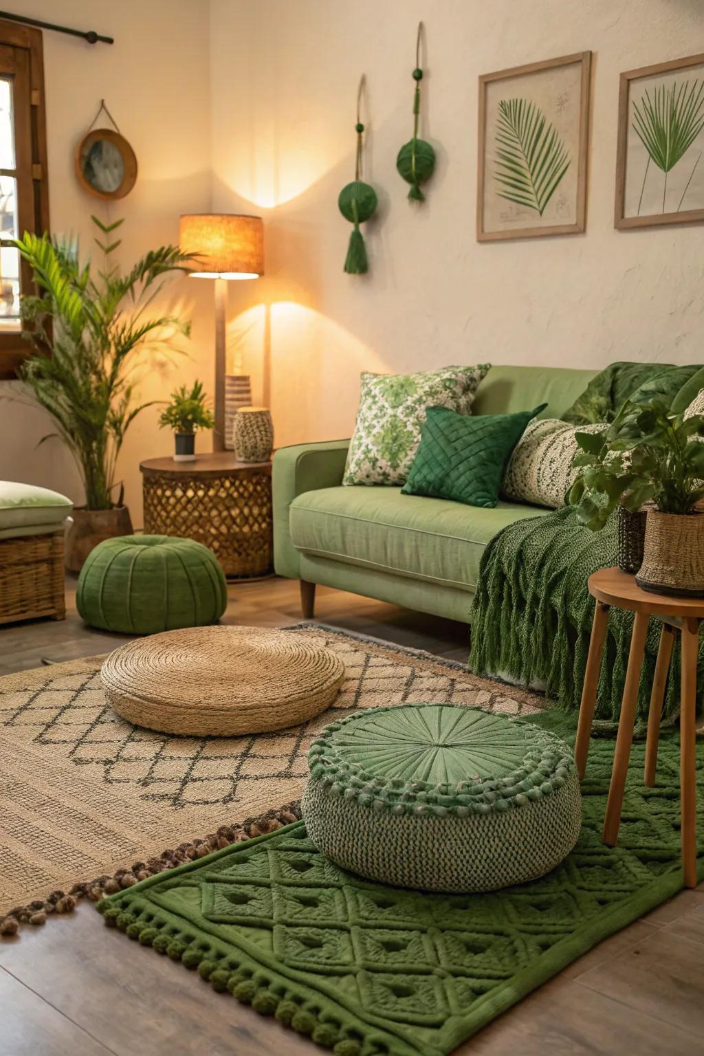 Textured decor enriches the depth and coziness of this verdant living space.