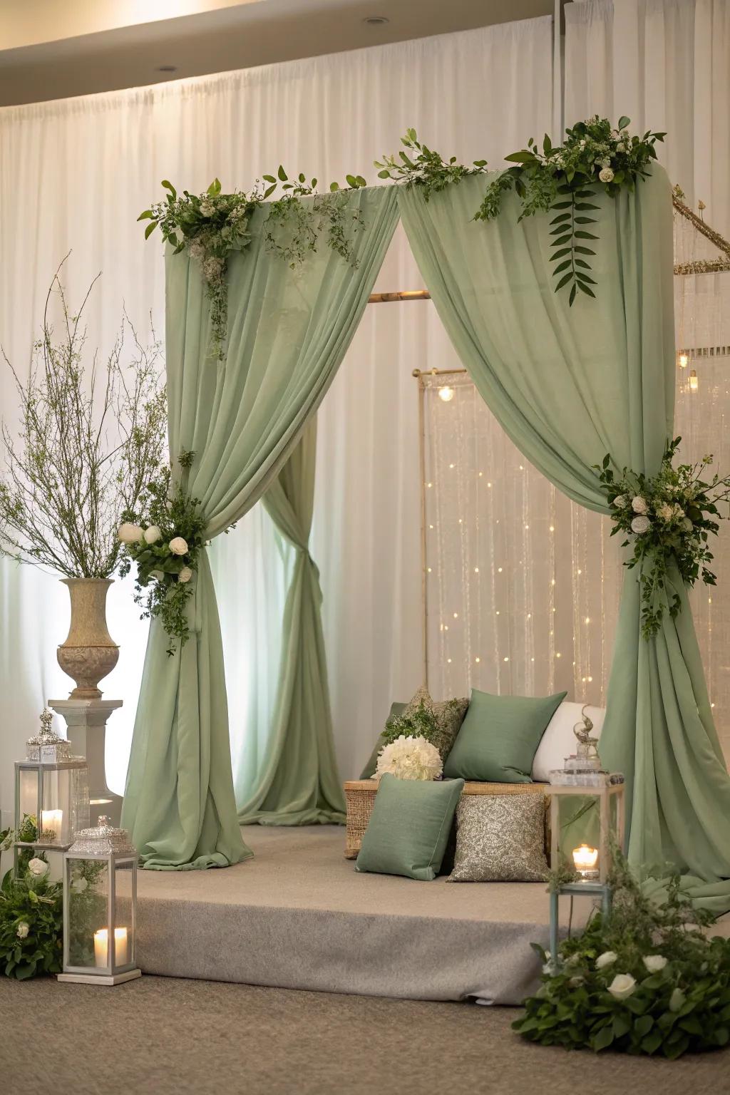 Soft green accents adding elegance to wedding decor.