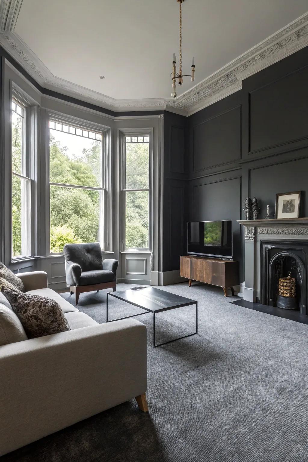 Coal-toned walls bring drama and dimension to spaces with gray carpets.