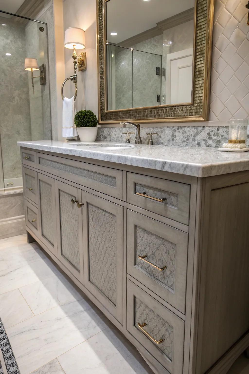 Contrasting textures create a sophisticated look in this grey vanity bathroom.