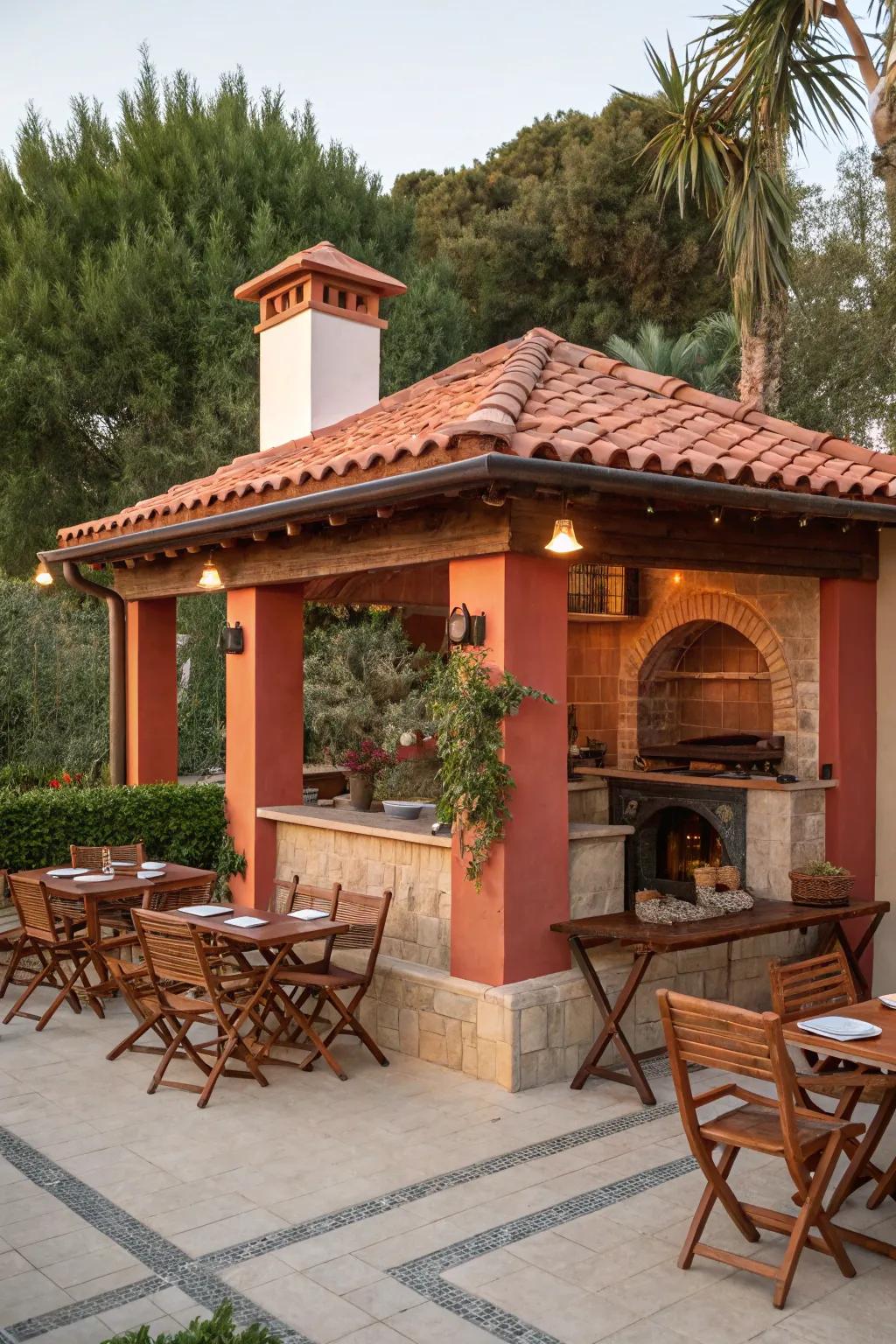 A Mediterranean grill hut showcasing warm colors and terracotta accents.