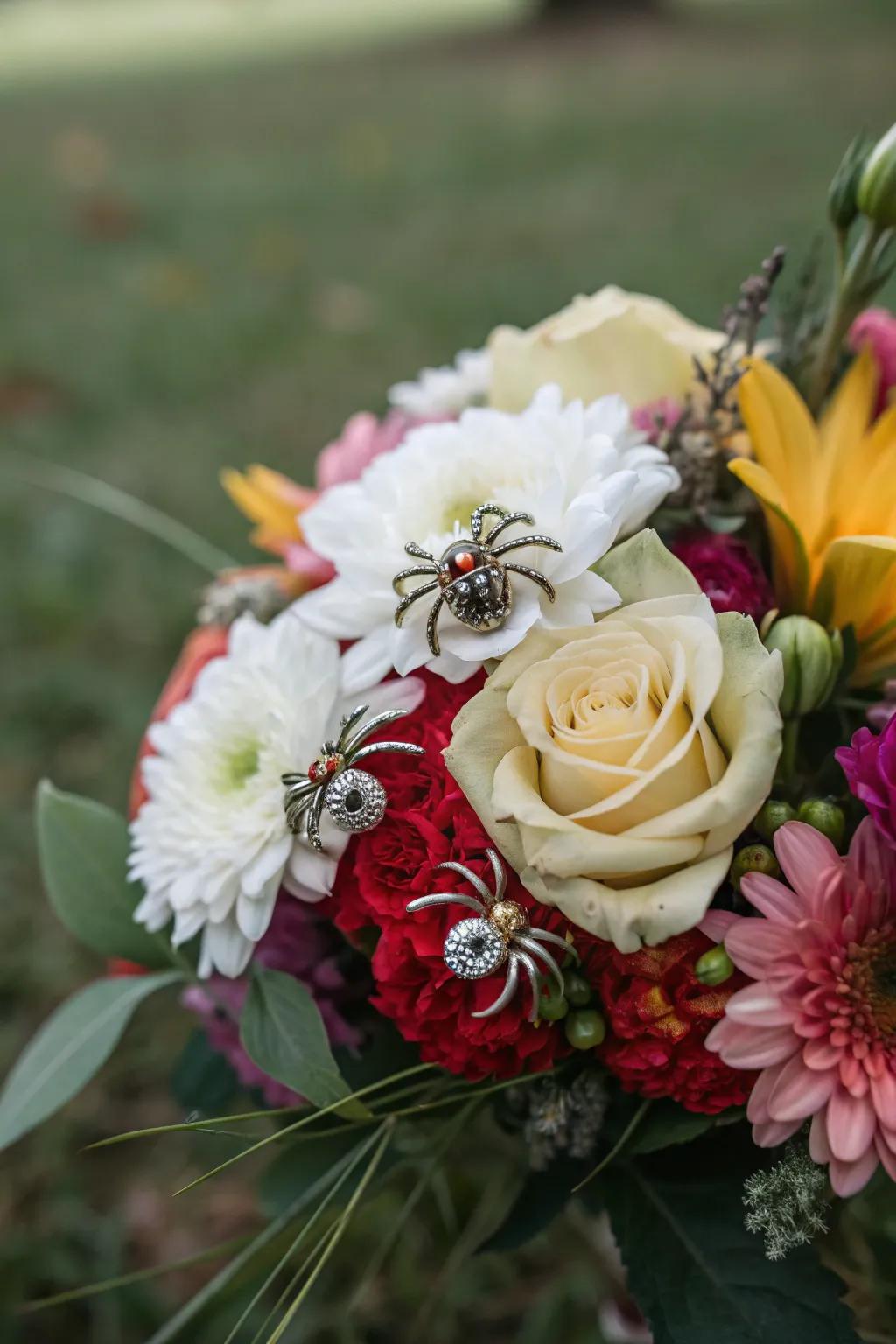 Spider accents introduce a spooky twist to a beautiful bouquet.