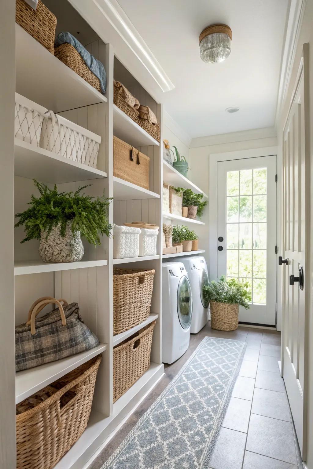 Open shelving enhances the functionality and charm of a hallway laundry area.