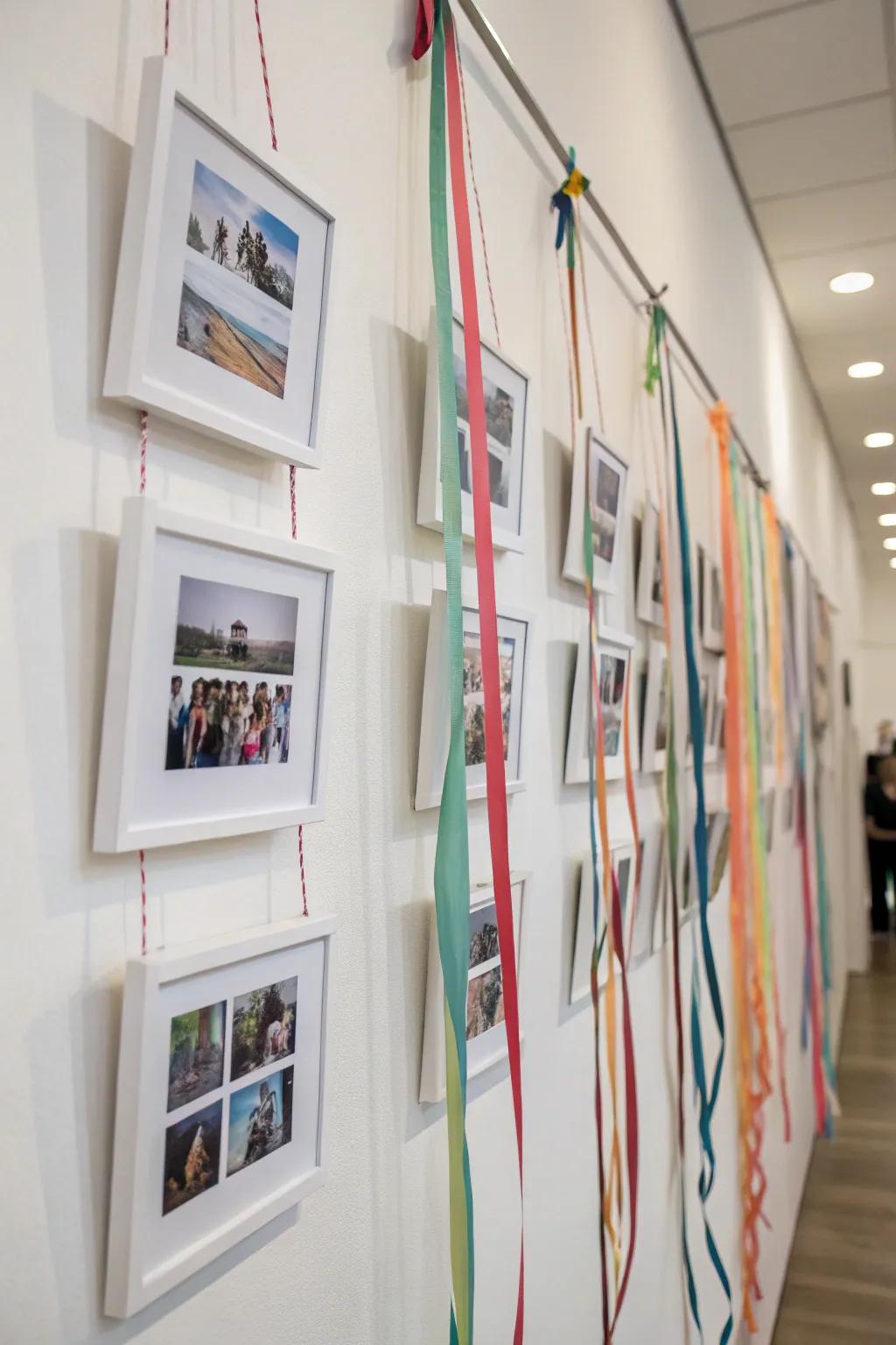 A dynamic photo display using layered ribbons of varying lengths.