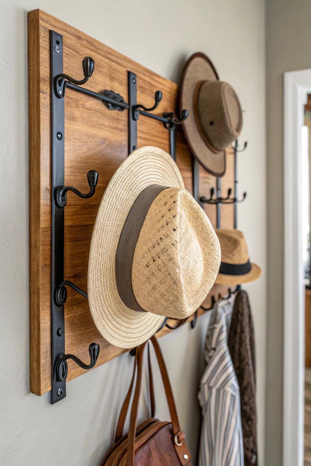 Blending wood and metal results in a lively hat exhibit.
