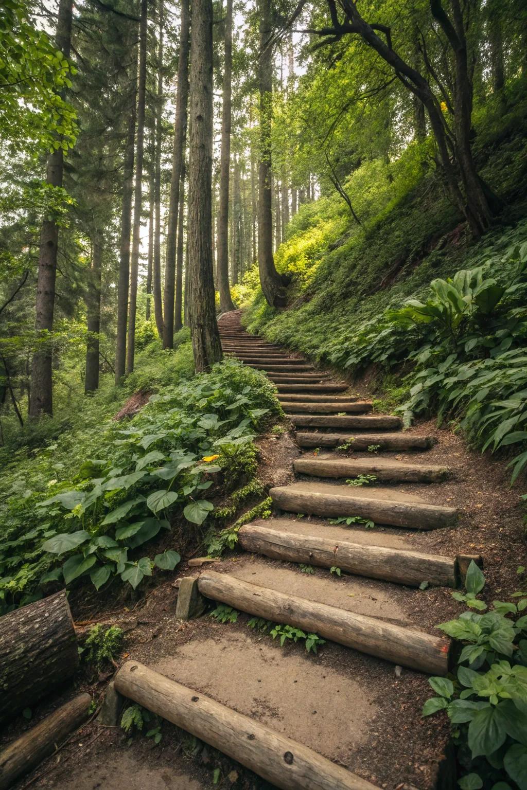 Logs fashion a natural and rustic step solution on slopes.