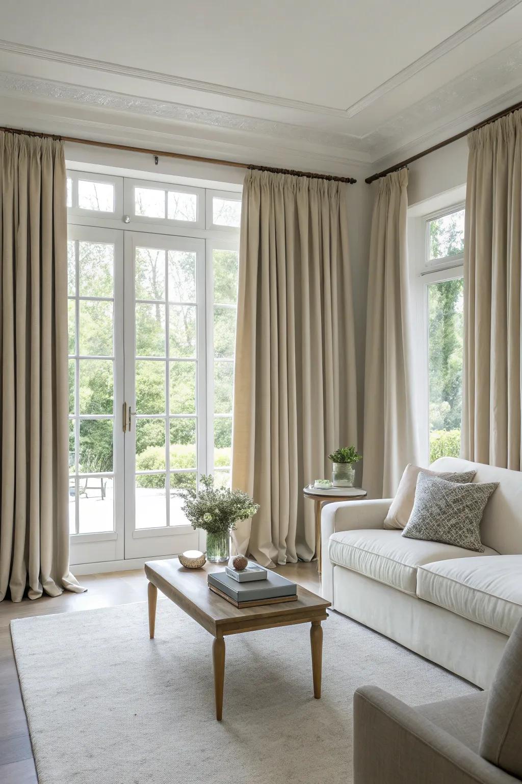 Coordinating window dressings with wall colors creates a serene living room.