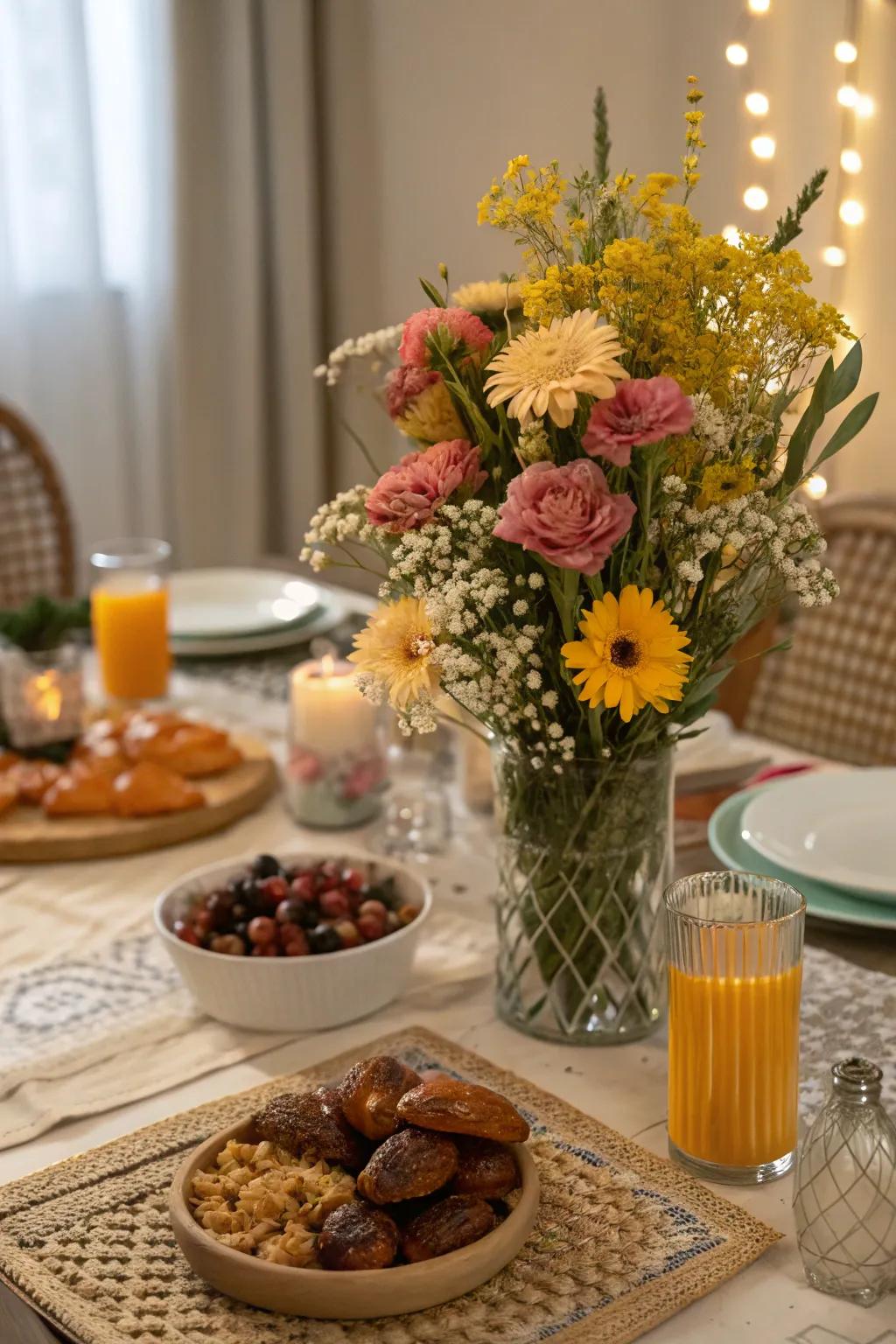 A mix of fresh and dried flowers for a unique centerpiece