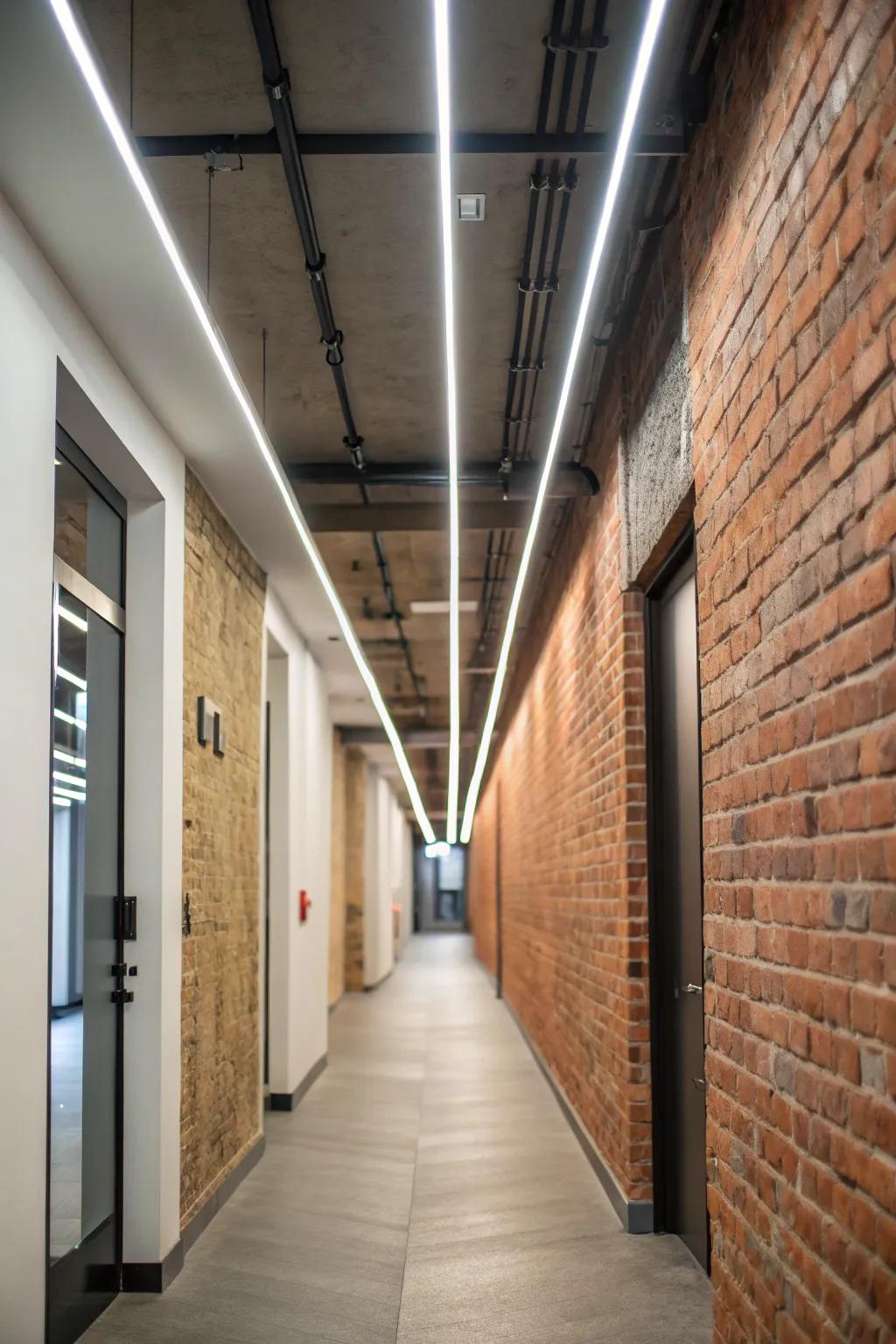 Metropolitan loft passageway featuring straight LED illumination