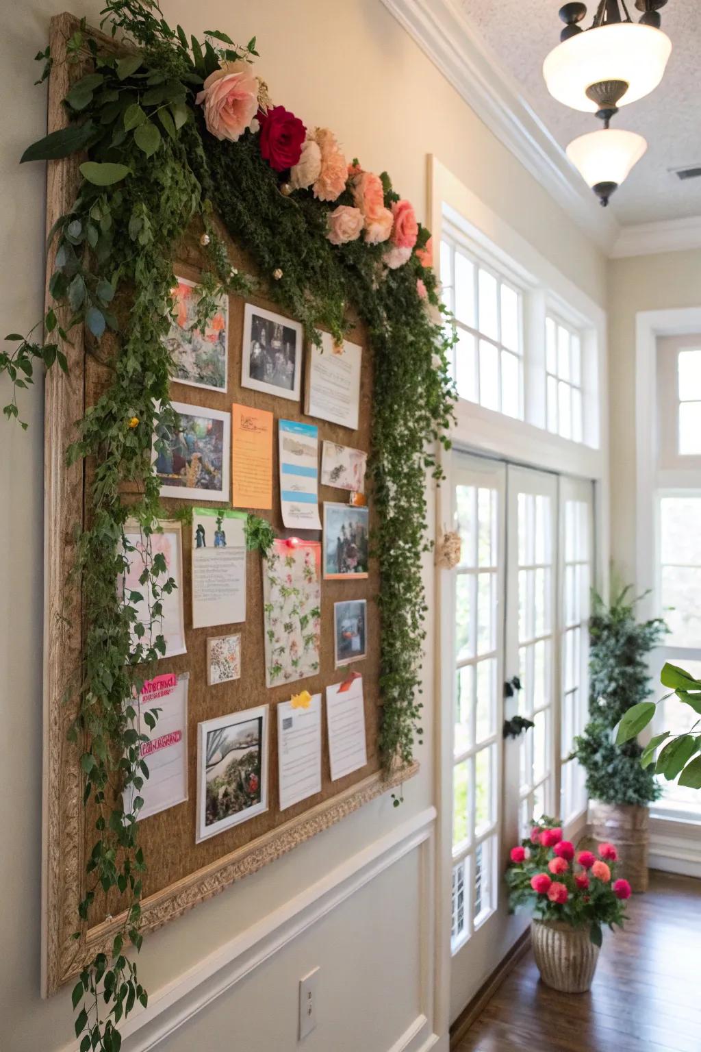 A bulletin board honoring nature via foliage and floral attributes.