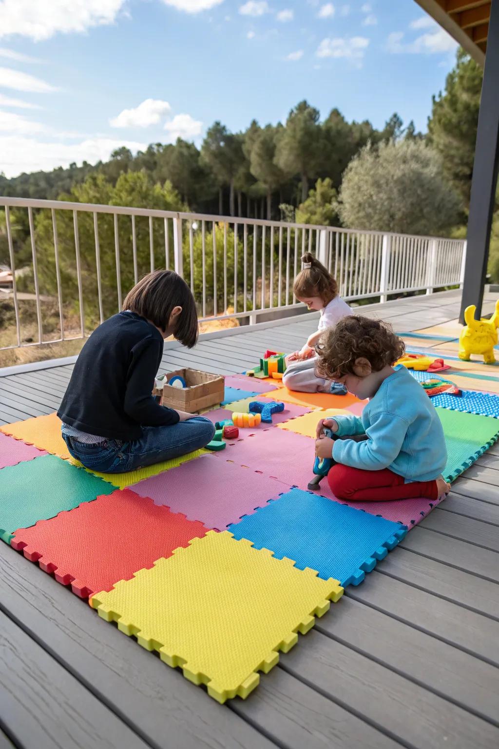 A deck covered with bright cushioned tiles where kids are sitting and playing with toys.