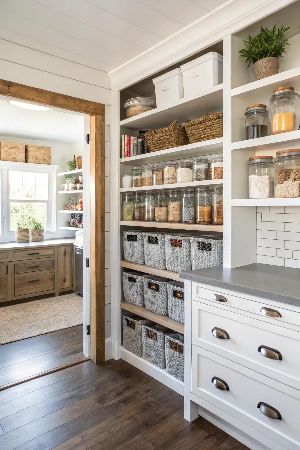 A corner pantry optimizes storage in limited spaces.