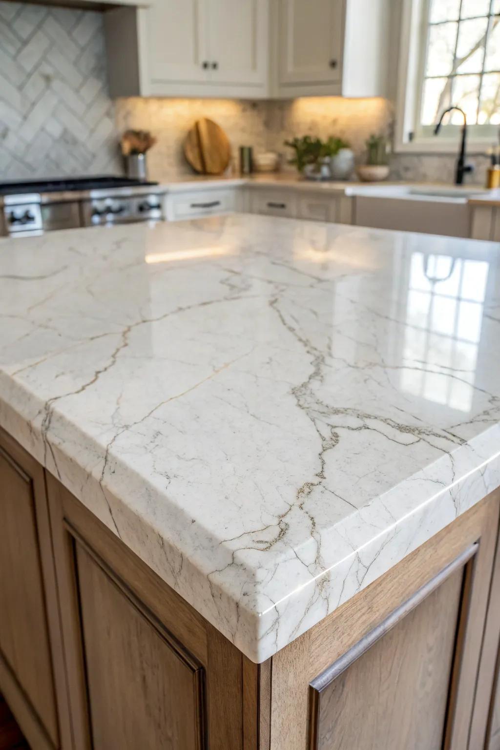 Elegant marble enriches the kitchen island with luxury.