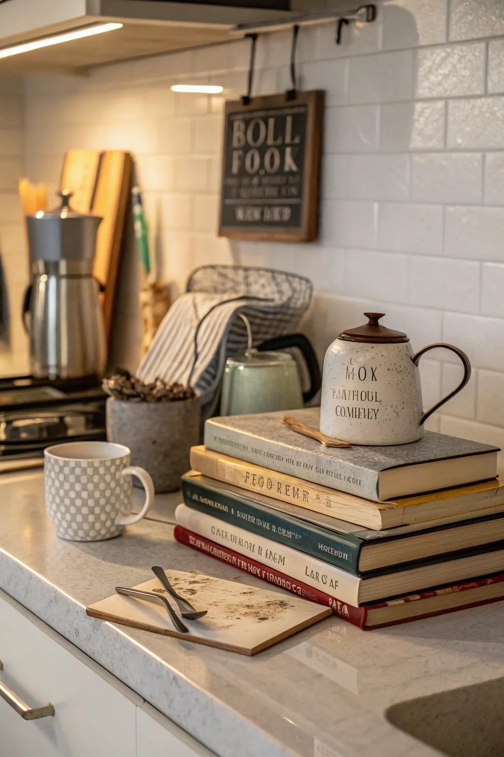 Publications and signage contribute stratification and curiosity to your arrangement.