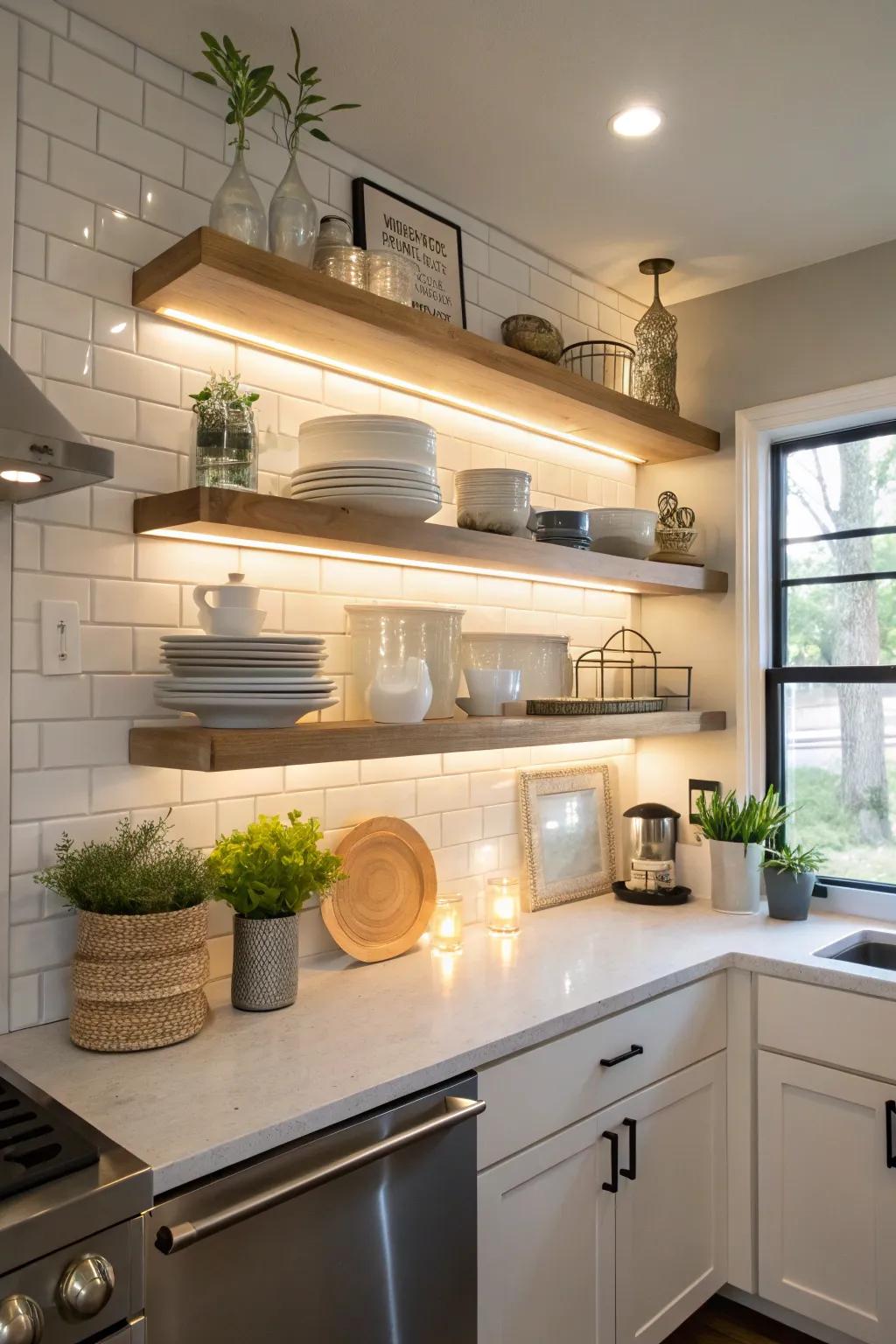 Integrated lighting transforms shelves into glowing showcases.