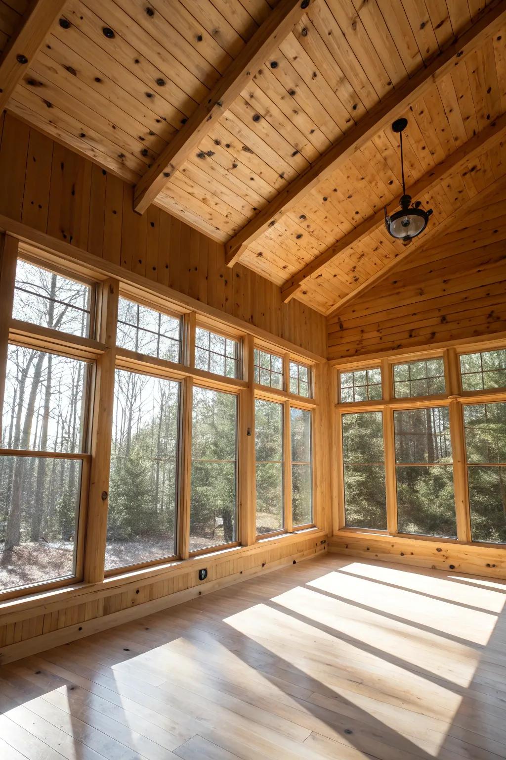 A sun-drenched room where natural light highlights the warm tones of rough-sawn fir.