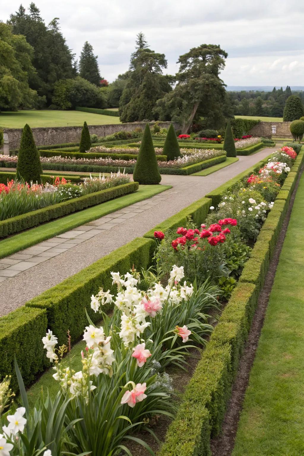 Gladiolus add color and structure to a formal garden layout.