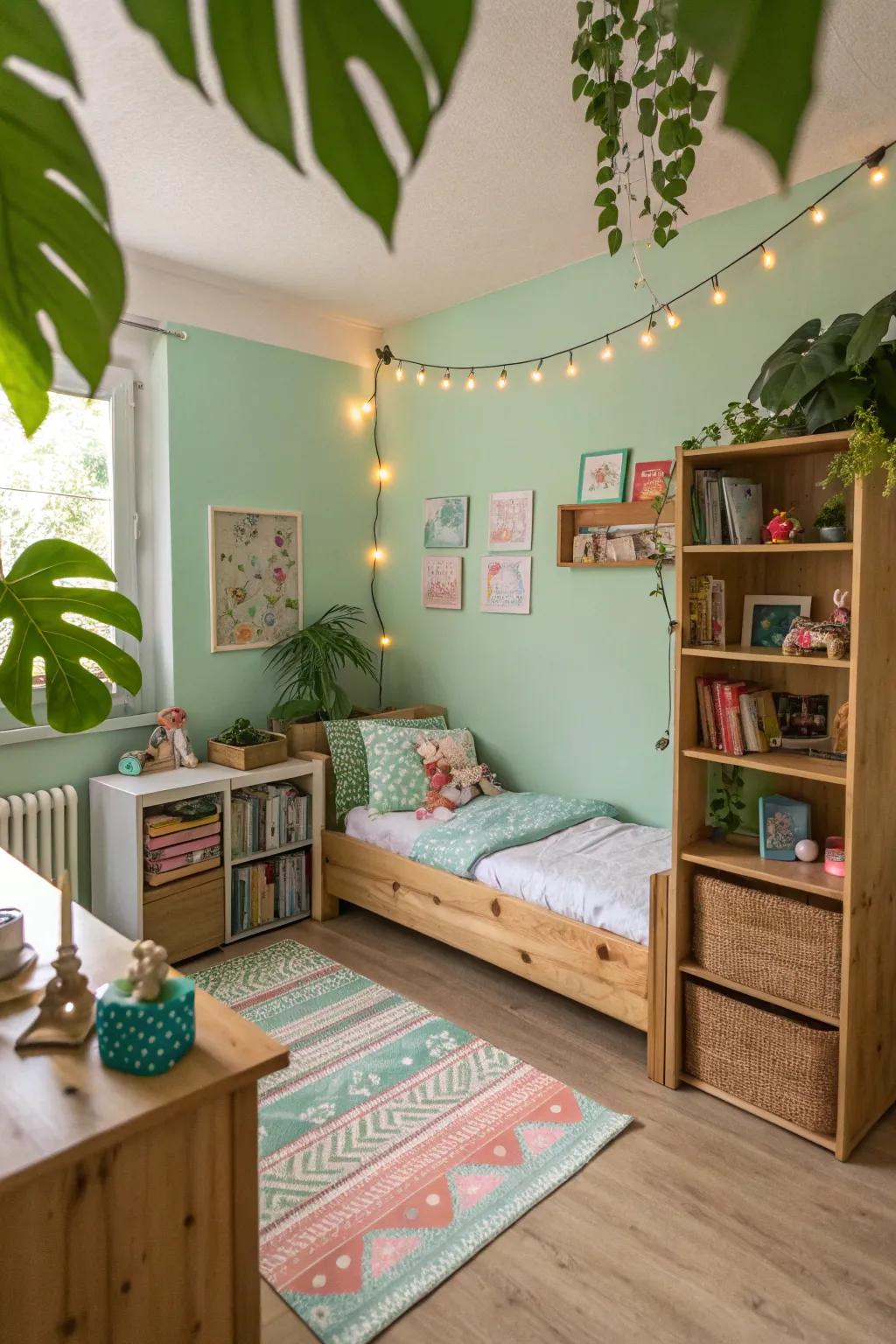 Nature-inspired greens create a tranquil and refreshing space.