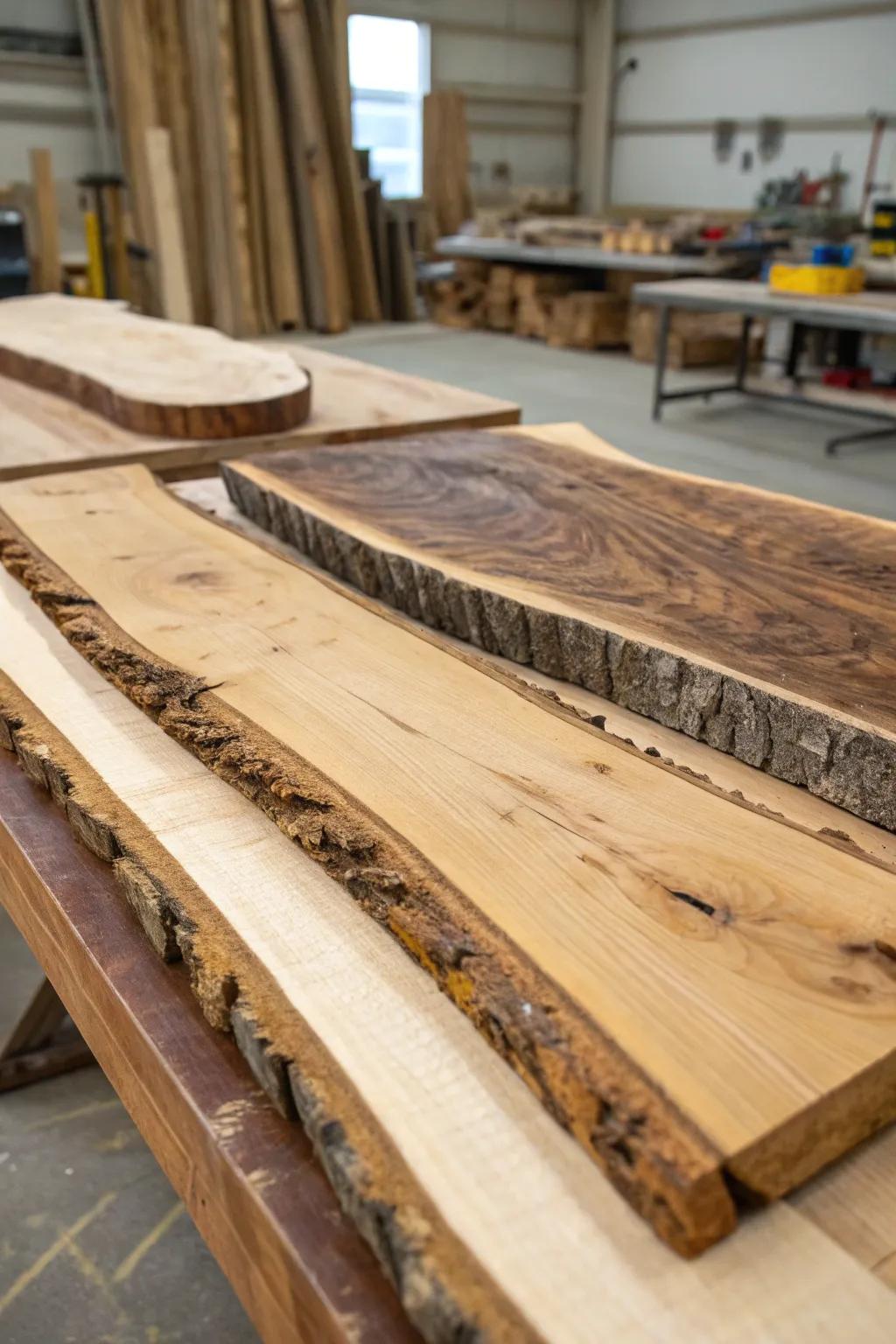 A range of various timber types ready to become raw edge countertops.