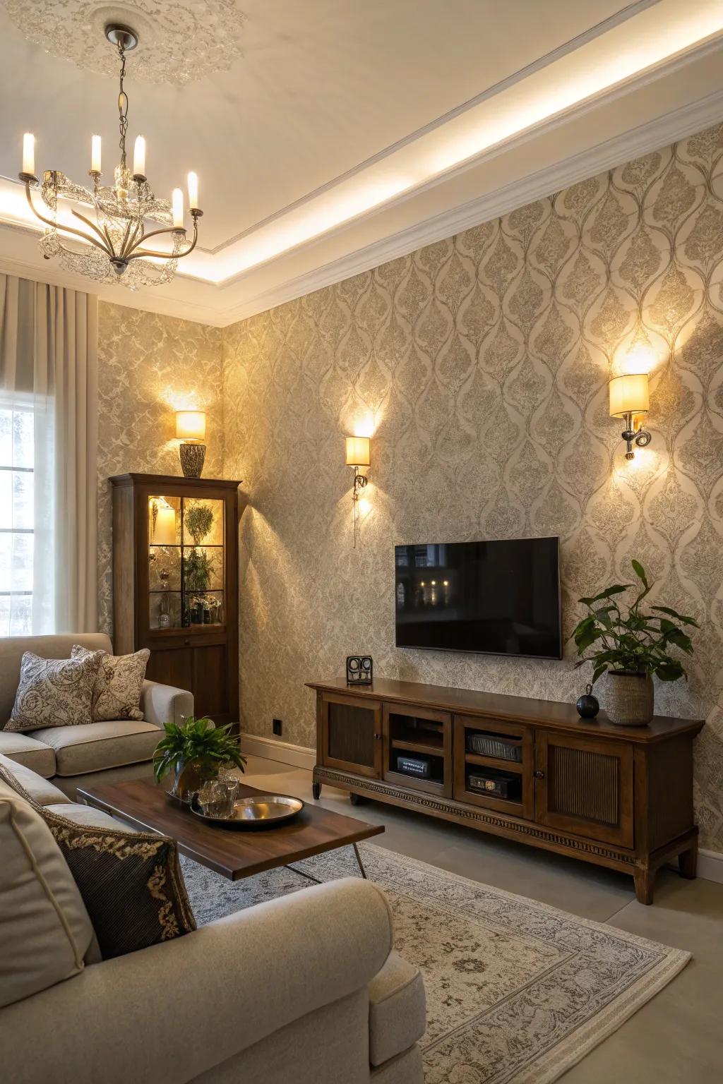 Lighting accentuates the textures and colors of this living room's accent wall.