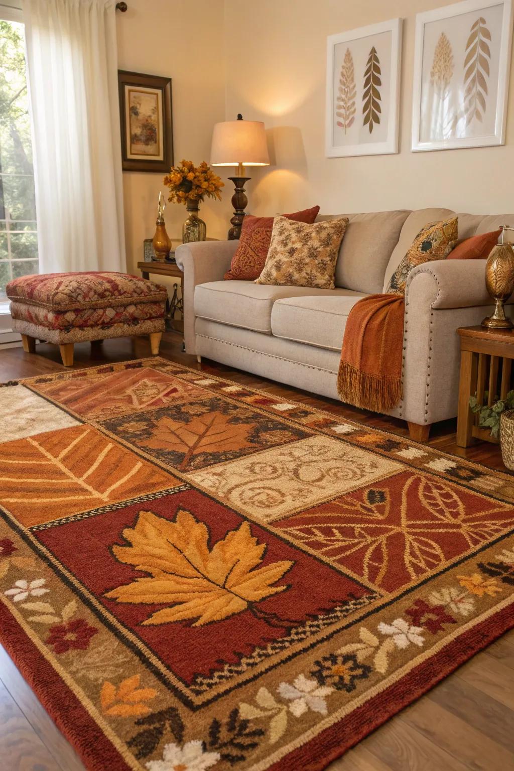 Layered rugs bring texture and warmth to this autumn-themed living room.