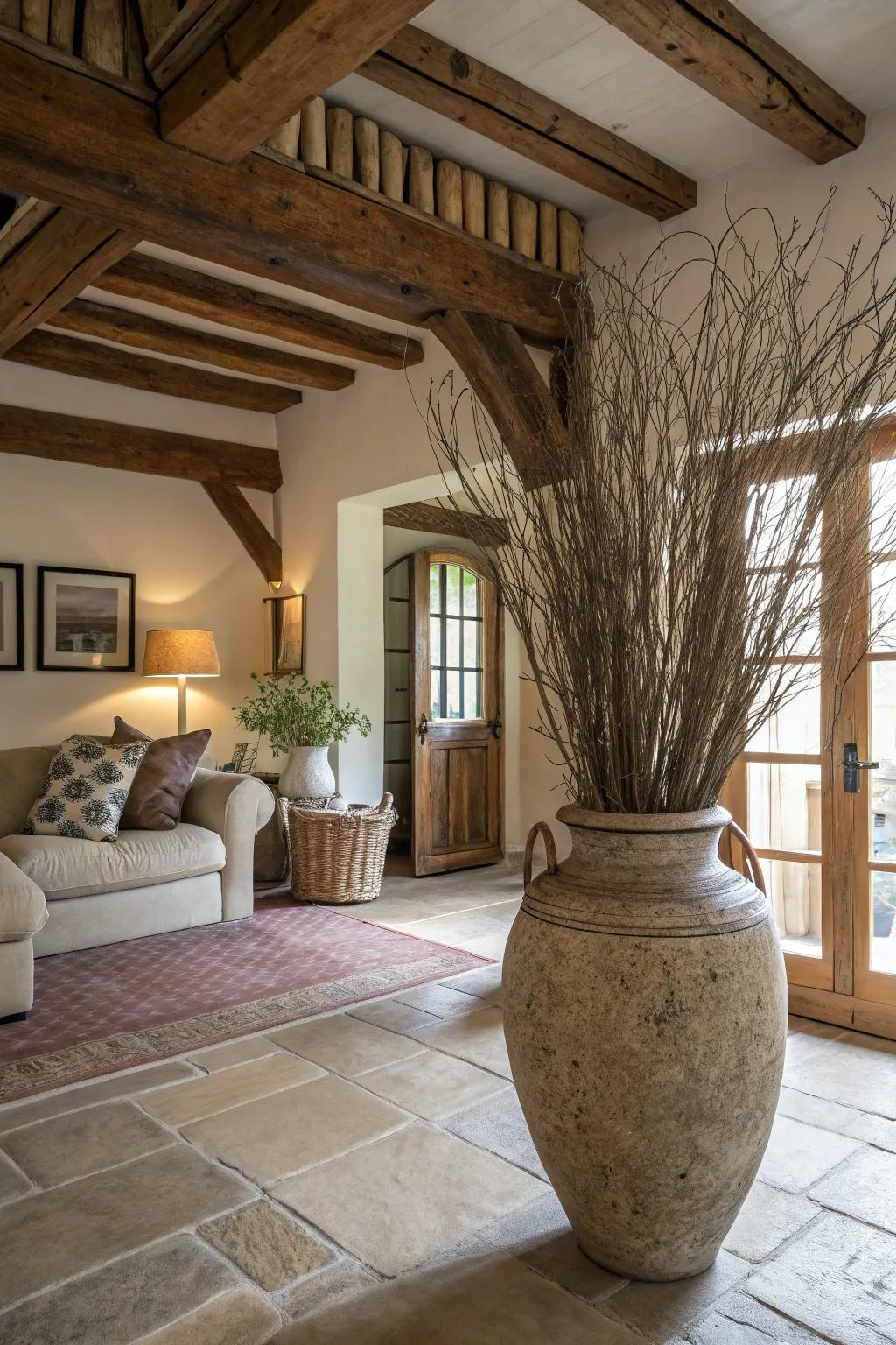 Organic components, like tree limbs and natural fabrics, enhance the smooth surface of pottery.