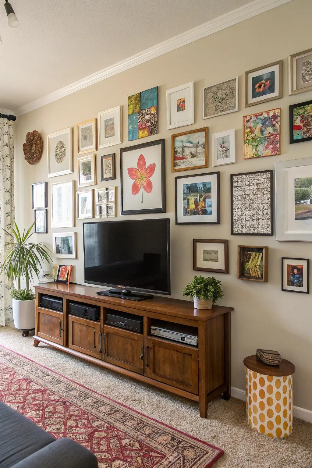 A gallery wall adds character to the TV area.