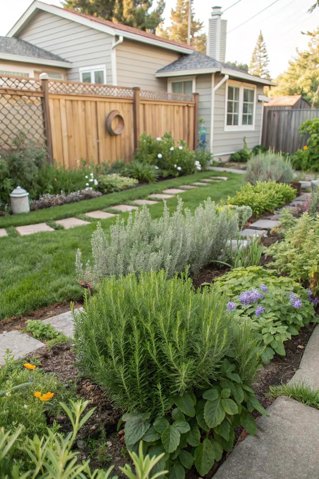 A vibrant garden showcasing flea-deterrent rosemary and sage.
