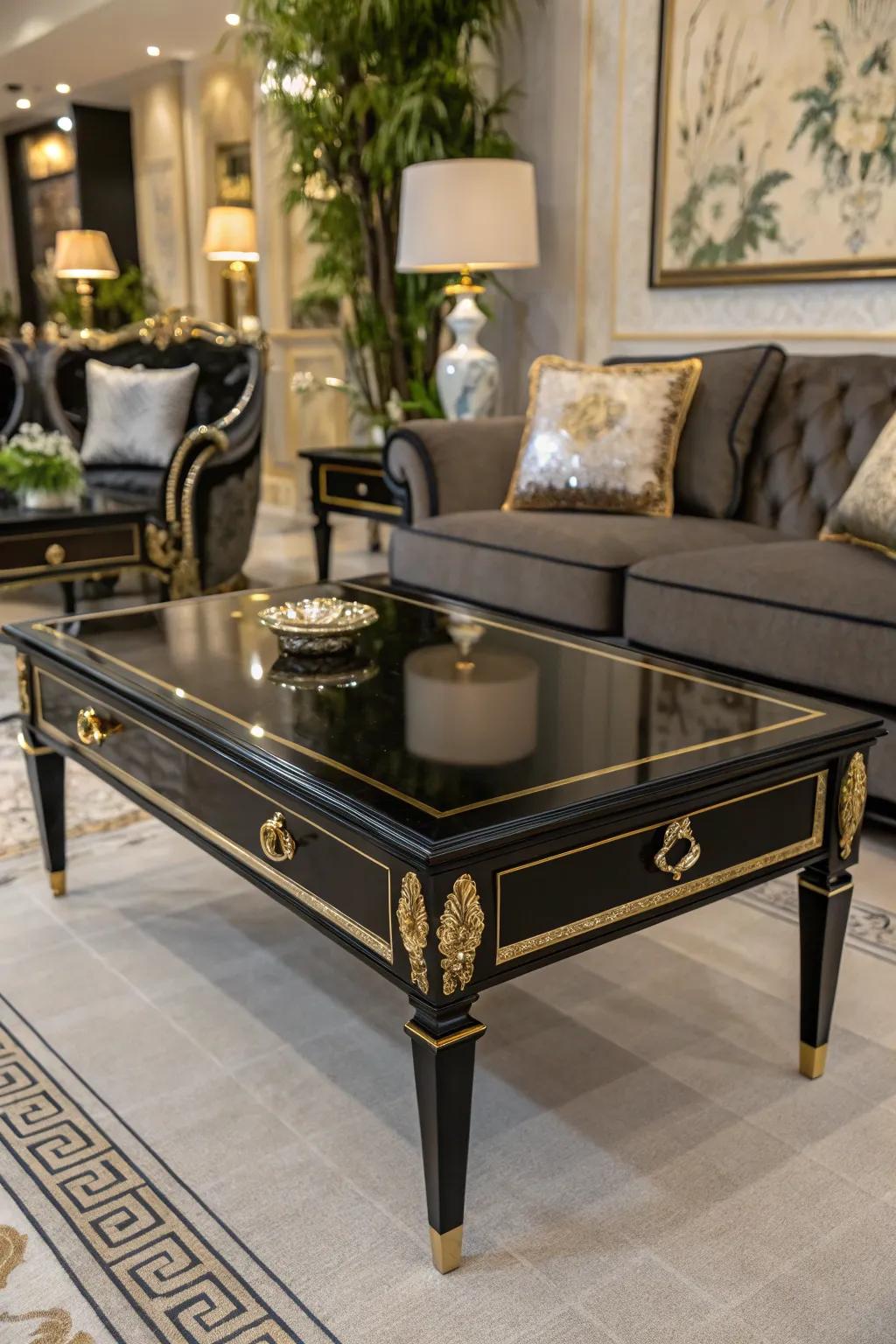 A sleek black coffee table with gold accents.