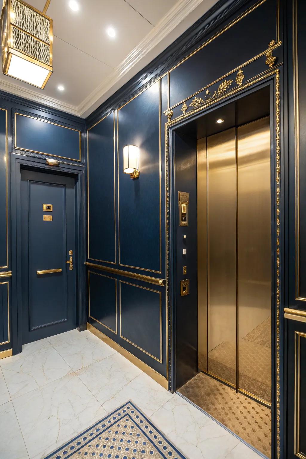 A plush and welcoming elevator setting is crafted through rich colors.